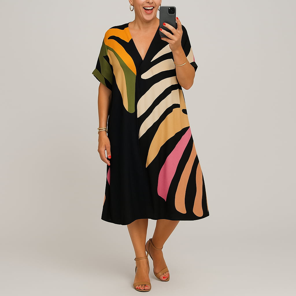 Ruby | Handgefertigtes Premium-Kleid mit buntem Blätterdruck
