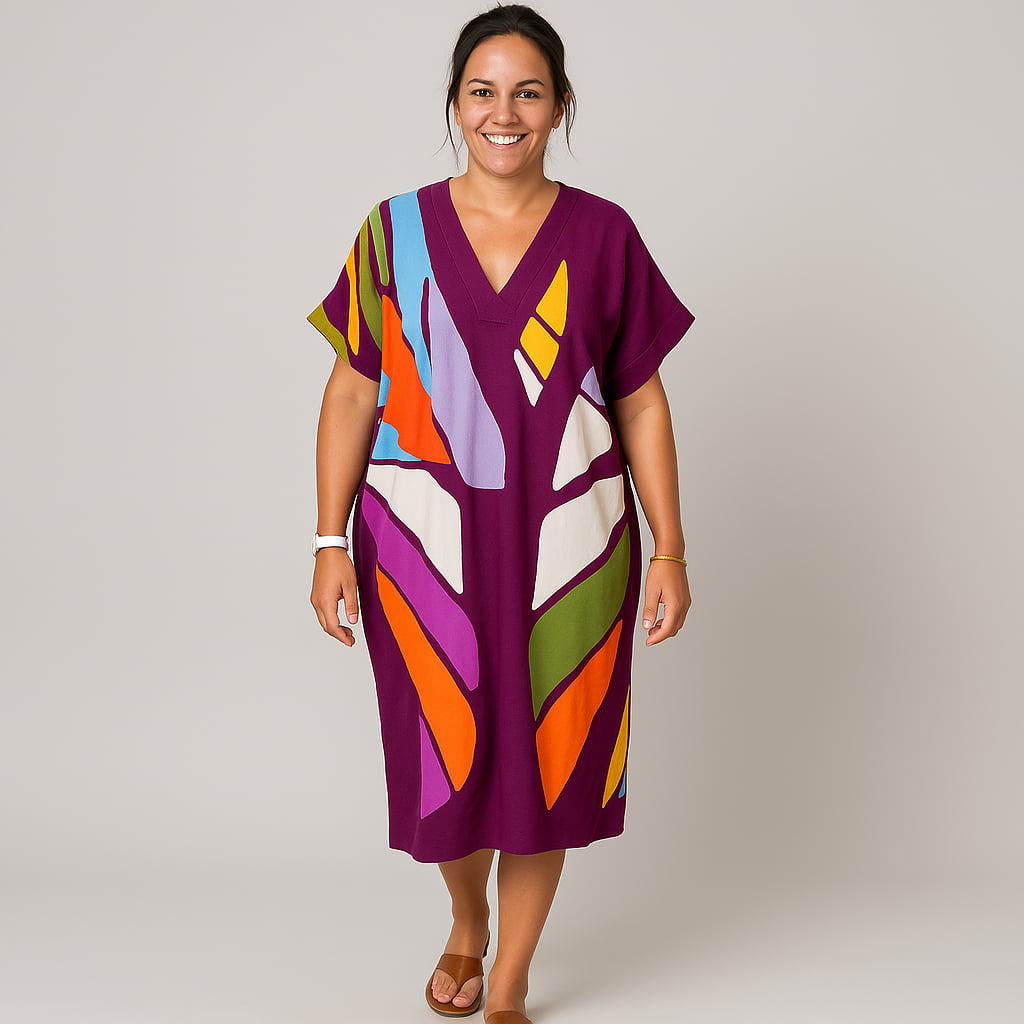 Ruby | Handgefertigtes Premium-Kleid mit buntem Blätterdruck